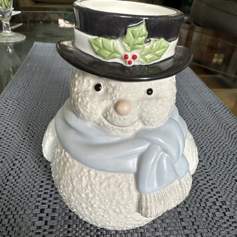 Lenox Snowman Vase Holly Berry Black Top Hat Blue Scarf Gold Accents 6 In